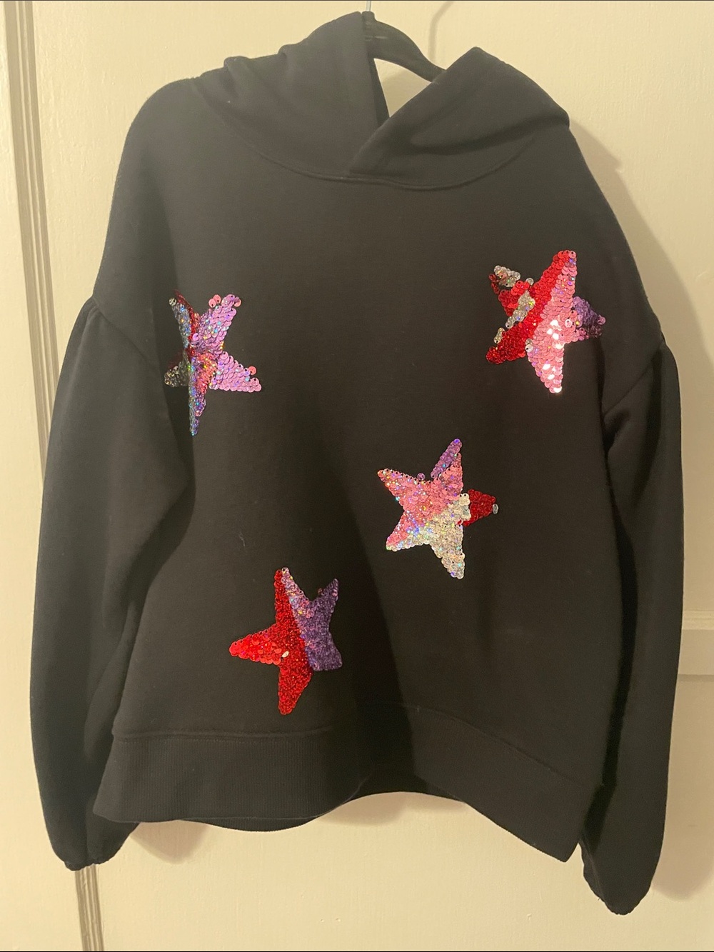 Black Hoodie Sweater with Multicolor Sequin Stars